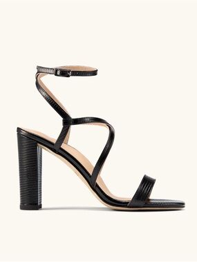 INEZ Selena Heeled Sandals in Black Lizard Embossed Leather